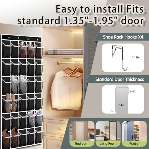 Kotkn Over the Door Shoe Organizer with 30 Breathable Mesh Pockets - Large Capacity Closet Storage for Men & Women, Hanging Shoe Rack Organizer (Black, 30-Pocket)