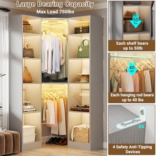 Besiost Corner Closet System with 2 Motion Sensor Lights, 39.2" Corner Closet Organizer with 12 Shelves, Closet Corner with 2 Hanging Rods, Versatile 6-Tier Walk-in Closets for Corner Space, Grey