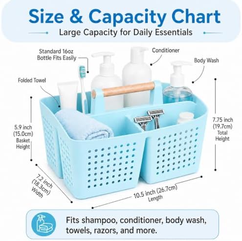 Portable Shower Caddy Basket with 3 Compartments and Handle, Light Blue | Plastic Divided Toiletry Organizer for Bathrooms, Guest Rooms, Spa Areas, Skincare, Pools, Vanities and Dorms