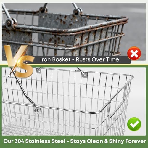 Wire Harvest Basket, Kitchen Organizers and Storage with Foldable Handle - 15.0"x9.8"x6.9" Portable Stainless Steel Picnic Baskets for Gathering Vegetables,Fruits,Kitchen,Garden,Picnic&Shopping (1, L)