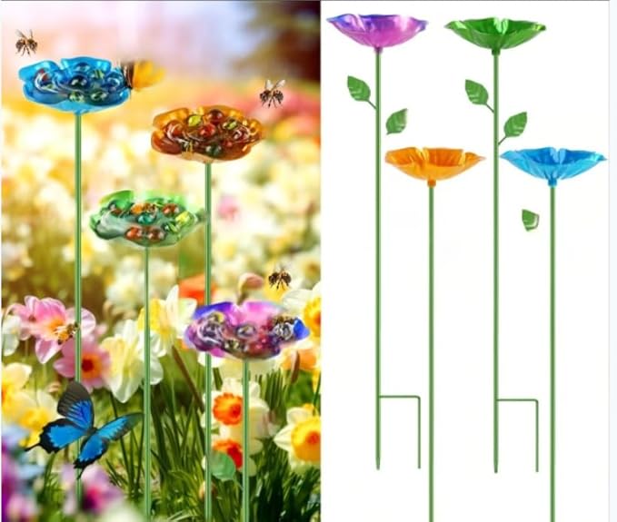4 Pack Bee Watering Station | Bee Bath for Garden | Colorful Metal Bird Butterfly Water Feeder Supplies for Outdoor Yard Farm Decor Flower Design