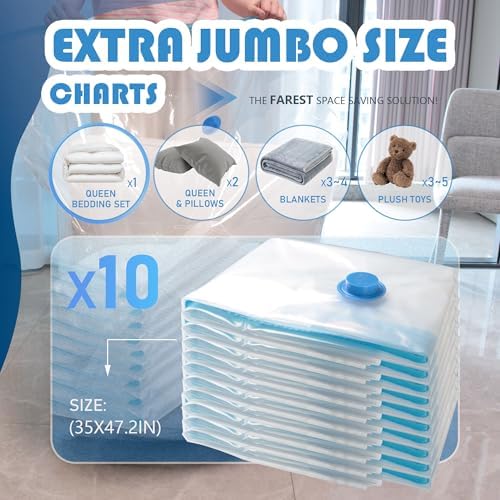 10 Pack XXL Jumbo Vacuum Storage Bags with Electric Air Pump, Space Saver Bags,Compression for Comforters and Blankets,Duvets,Pillows,Travel(47.2x35 in)