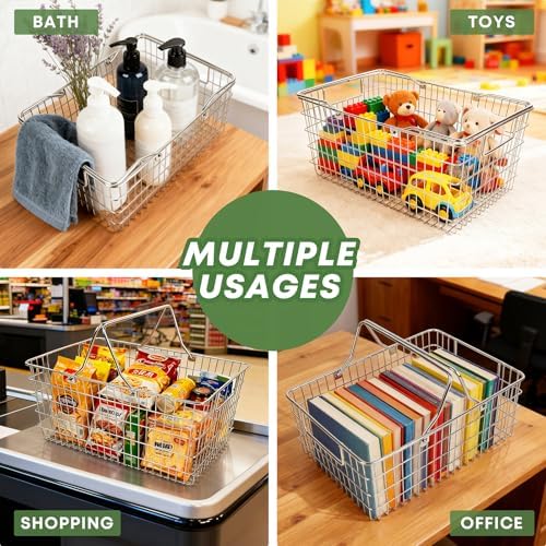 Small Picnic Baskets, Wire Baskets for Organizing with Foldable Handle - 12.6"x9.1"x5", Sturdy Stainless Steel Storage Baskets for Outdoor Picking, Picnic, Kitchen & Fridge & Cabinet Organizer(1, S)