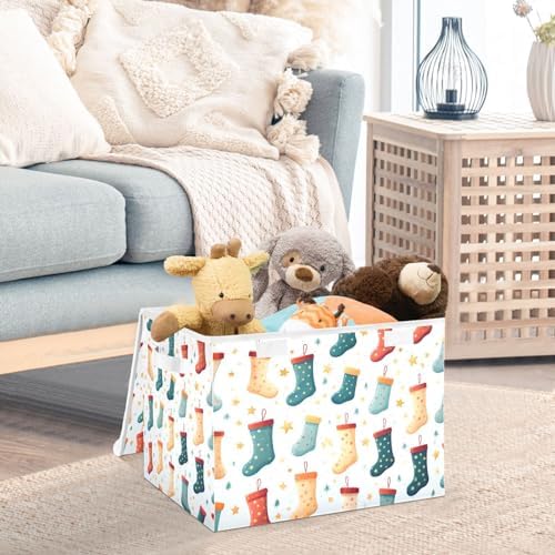 Large Storage Bins with Linen Christmas Colorful Stockings Collapsible Foldable Storage Cubes Fabric Closet Organizer Containers box with Flip-Top Lid for Home Bedroom Office 16.7 x 12.6 x 11.8in