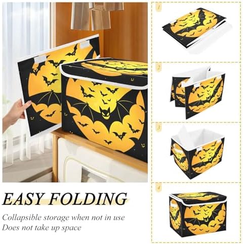 senya Halloween Storage Baskets Collapsible Storage Bins with Lids, Bat Pattern Storage Boxes Clothes Baskets for Organizing