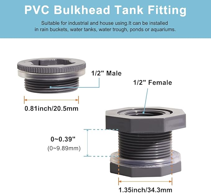 Ququyi 1/2 Inch PVC Bulkhead Water Tank Connector Adapter Fitting with Plugs Thru-Bulk Pipe Fitting for Rain Barrels, Aquariums, Ponds(Set of 3)