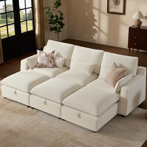 WorthFurni Modern Modular Sectional Sofa,103" Sleeper Sofa Bed Minimalist Couch with Storage Ottoman,Comfty 6 Seat Sofa for Living Room,Beige Chenille