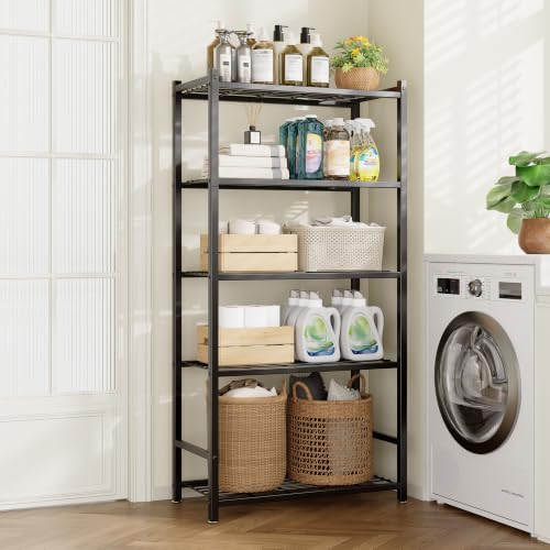Storage Shelves, 5-Tier Metal Shelving Unit with 120 lbs Per Shelf, Leveling Feet, Storage Rack for Garage, Kitchen, Pantry, Closet, 24" x 12.2" x 61.1", Black