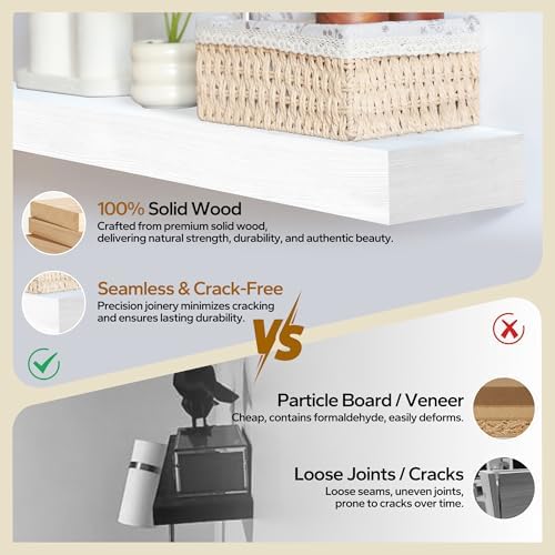 Floating Shelves 3 inch Thick for Wall Set of 2,Solid Pine Wood Wall Mount Shelf for Kitchen Living Room Bedroom Bathroom,8" D x 24" L x 3" H-White