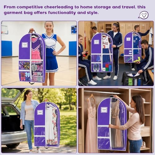 Dance Garment Bag for Hanging Clothes with 3 Zipper Clear Pockets Dance Accessories Essentials Uniform Costume 40 Inch Dress Bags for Dance Competition (Purple White, 2Pack 40")