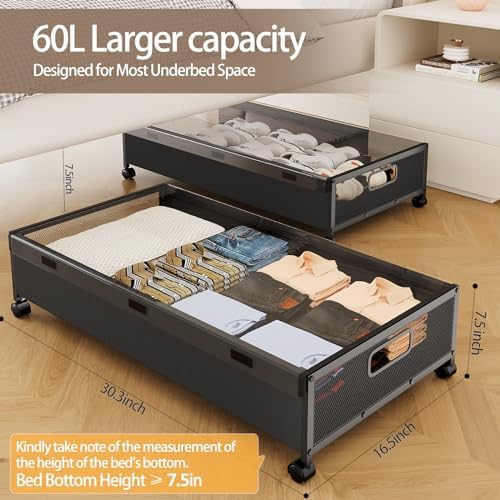 KITHELP Under Bed Storage Containers with Wheels, 2 Pack Underbed Shoe Storage Organizer with Removable Lids, Large Rolling Under Bed Storage Dresser Drawers for Clothes Toys Shoes Blankets