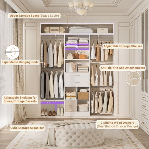 5FT Closet Organizer System with Wooden Drawers, 60 Inches Walk In Closet System With 5 Hanging Rods, Can Fit 1.58 to 6.8 FT with Reversible Hanging Shelving, White