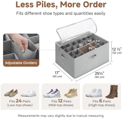StorageWorks 24-Pair Large Shoe Storage Closet, Adjustable Dividers, Grey | Holds up to 24 Pairs, Foldable, Clear Lid, Reinforced Handles, Fits Sneakers, Sandals & Flats, For Closet, Entryway