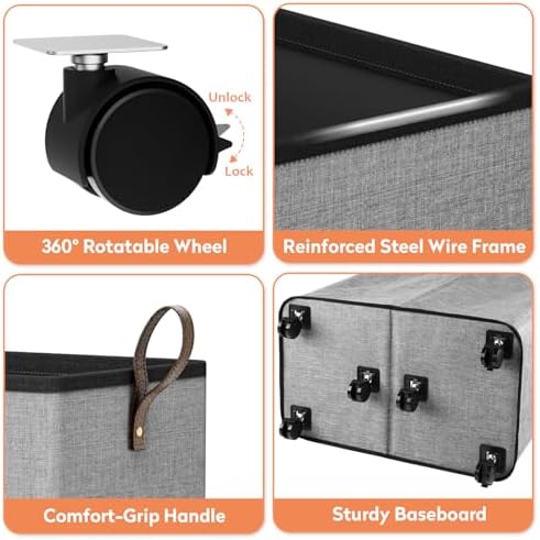 SpaceTrove Rolling Laundry Basket with Wheels, Laundry Hamper, 155L, Grey | Collapsible, 6 detachable wheels including 2 with brakes, sturdy handle, metal frame, for dorms, bathrooms and bedrooms