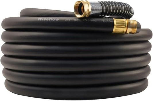 Wiseflow Garden Hose 50FT x 3/4", Heavy Duty Rubber Hose, Water Hose with Five Layered Braiding, Male Female Fittings, 1000PSI Burst, 300PSI Working for Yard, Car Wash, Pets (Black)
