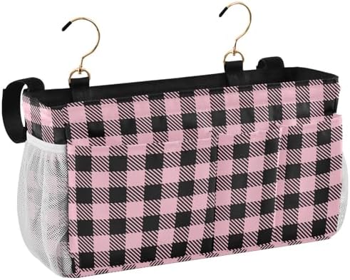 Buffalo Plaid Check Pink Print Bedside Caddy Storage Bag Bedside Organizer for Bunk Bed Headboards College Organizer Caddy Hanging Shelf 6 Pockets with Hooks for Drinks Magazine Phone Holder