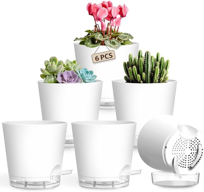 Self Watering Pots for Plants, 2026 New Flower Plant Pots with Drainage Holes, Wicking and Clear Reservoirs for Succulent, Aloe, Cacti and Others - 6 Pack (White, 5")
