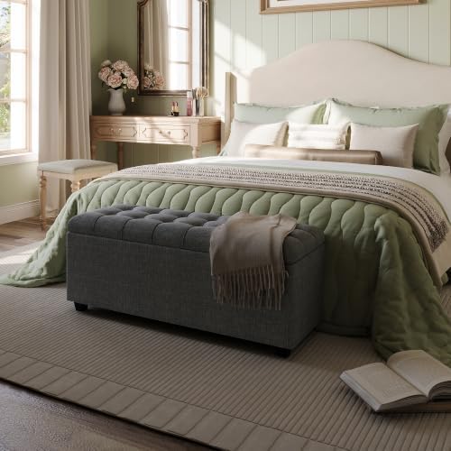 38" Dark Grey Fabric Storage Ottoman Bench with Hinged Lid
