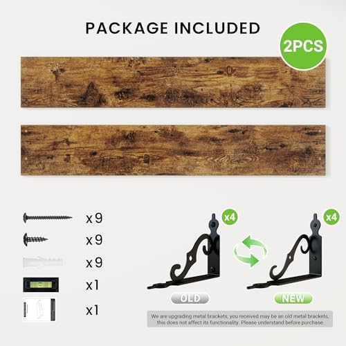RICHFOCUS Floating Shelves for Wall Decor, 47.3W x 8D Shelves Set of 2, 8 Inch Deep Rustic Wood Shelf Wall Mounted with Brackets, Long Shelves for Living Room Bedroom Kitchen, Rustic Brown
