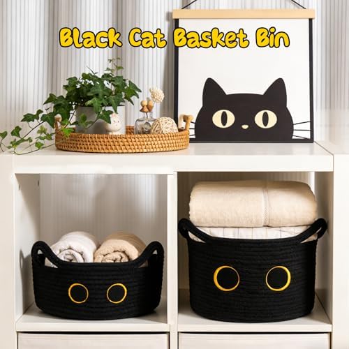 Black Cat Toy Basket for Nursery,Small Cute Cat Oval Woven Rope Basket