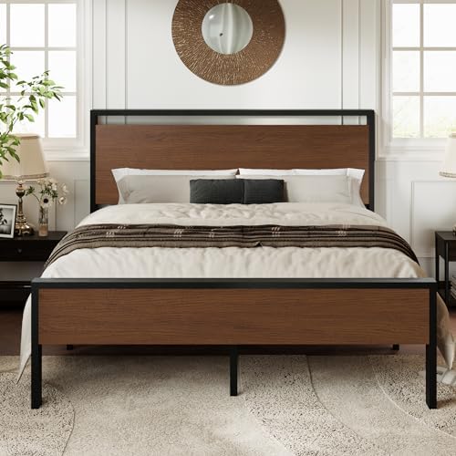 Allewie Queen Size Bed Frame, Heavy Duty 12 Metal Slats Support, Walnut