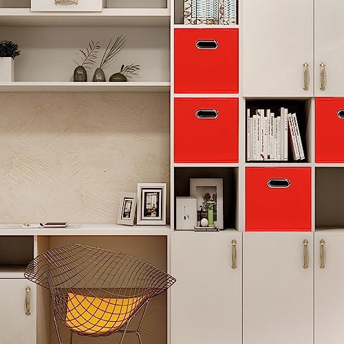 Black Foldable Storage Cubes Bins , Fabric Storage Box Cubes Organizer Baskets with Dual Handles for Home Organizer (Red)