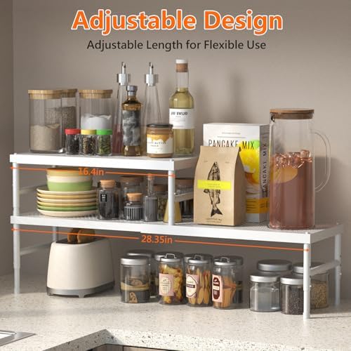 2 Pack Expandable adjustable stackable kitchen cabinet organizer,spice rack | Counter Shelf for Cabinets,Small Cupboard Organizers,Heavy Duty Metal Pantry Storage Shelves Racks for kitchen,bathroom