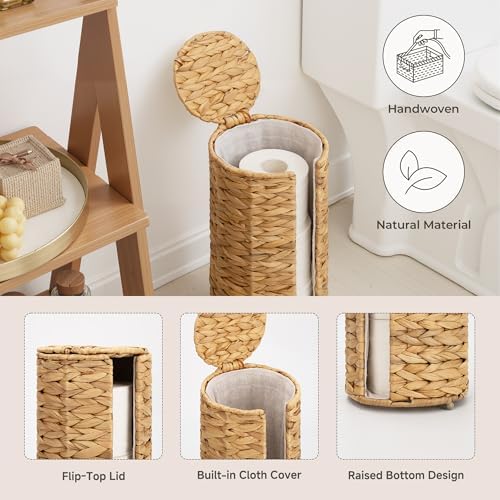 StorageWorks Water Hyacinth Free Standing Toilet Paper Holder Stand for Bathroom, 3 Rolls of Toilet Tissue Storage with a Built-in Cloth Lining, Toilet Roll Holder Stand with Lid (Pack of 2)