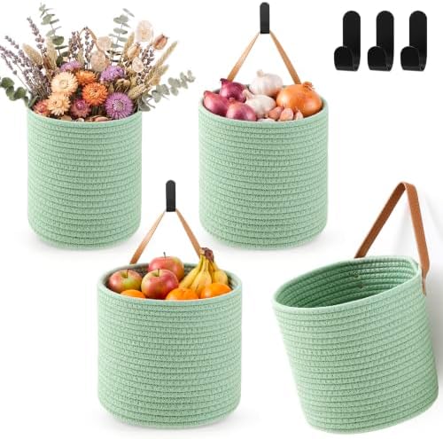 Honeydak 3 Hanging Baskets, Sage Green, Cylinder, Cotton Rope | Wicker Wall Baskets with Hooks for Fruit Vegetable Onion Storage, Teardrop Organizer for Kitchen, Boho Farmhouse Decor