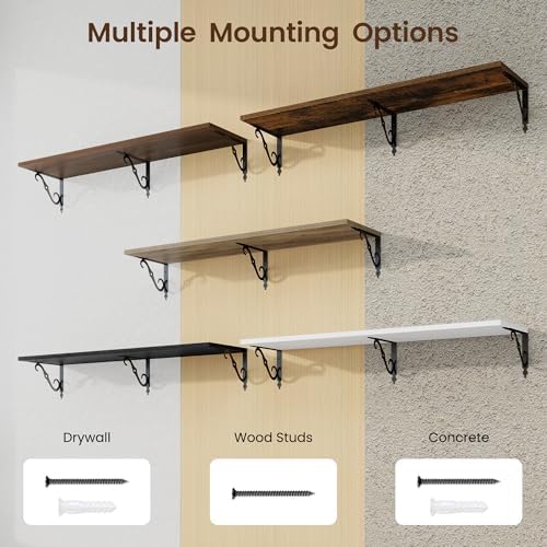 RICHFOCUS 12 Inch Deep Floating Shelves for Wall, 48" W x 12" D Wood Wall Shelves Set of 2, Wide Floating Shelves for Living Room, Bedroom, Kitchen, Bathroom and Decor Storage, Walnut