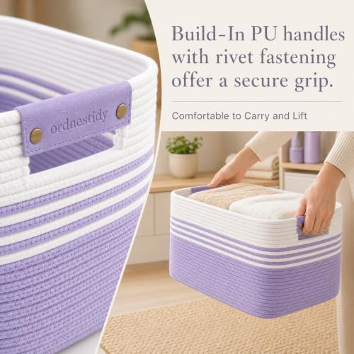 12.8GAL Small Cute laundry basket for nursery, Boho Square storage basket for Living Room Decor, Kids Girls Boys Toys Stuffed Animal Decorative Short Hamper for Dirty Clothes, Bath Towel White Purple