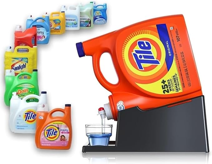 Liquid Laundry Detergent Holder Stand with Drip Tray - 1 Pack - Black | Easy Pouring, Rubber Feet, Secure Strap, Angled Stand, Fabric Softener Dispenser for Laundry Room Organization & Storage