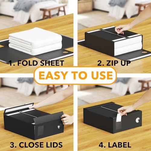 SpaceAid 12 Pack Bed Sheet Organizers and Storage, Foldable Sheet Organizer for Linen Closet, Set Folder Keeper with Window XL (Queen & King Size) Bedding Container (Black)