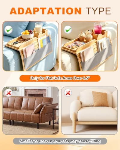 UCEC Bamboo Couch Caddy with Cup Holder, Foldable Sofa Arm Tray Couch Caddy | Anti-Slip Couch Armrest Table with Fabric Side Pocket, Couch Arm Table , Couch Remote Holder, Drink Organizer Sofa Arm Tray