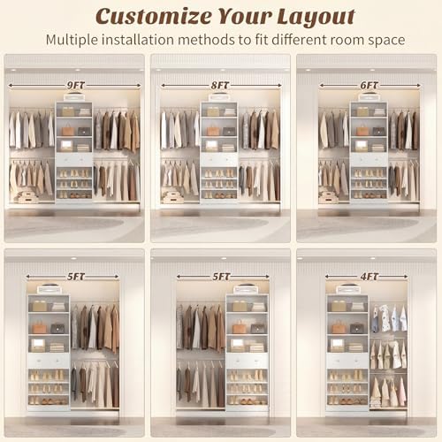 Armocity Wood Closet Organizer System with Sensing Light - 4FT-9FT Expandable Wardrobe Closet with Drawer & 4 Hanging Rods, Heavy Duty Walk-in Closet 1000Lbs for Bedroom Walk-in Closet, White