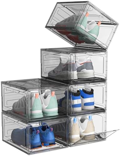 ARSTPEOE Upgrade Harder Solid Plastic Shoe Organizer, Shoe Storage with Magnetic Front Door, Shoe Rack 6 Pack Shoe Boxes Clear, Sneaker Storage, Shoe Organizer for Closet, Shoe Display Case, Black