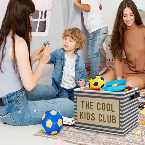 Blue Striped Kids Storage Bins Box with Handles, the Cool Kids Club Collapsible Basket Organizer for Classroom Boys Girls Room Bedroom Nursery Playroom Books Clothes