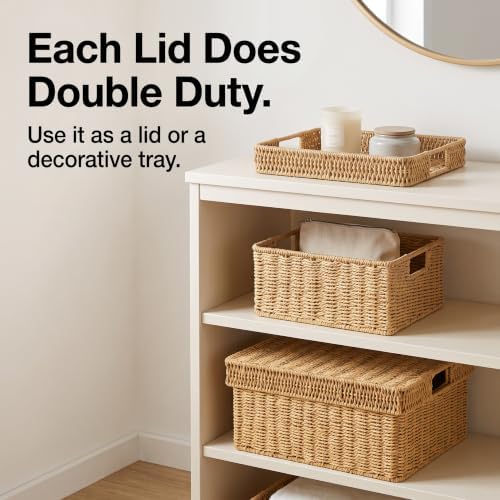 Wicker Storage Baskets with Lids for Shelves, 2-Basket Set, Natural