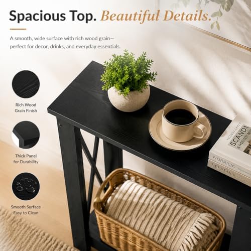 Narrow Side Table, 6.6 Inch Ultra Narrow End Table for Small Spaces, 2-Tier Wood Accent Table with Metal X-Frame, Space-Saving Gap Organizer for Living Room, 22.4" L x 6.6" W, Black