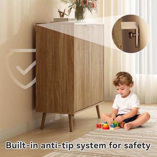 5-Tier Shoe Storage Cabinet with Adjustable Shelves, Natural Oak丨Fluted Shoe Cabinet with Doors, Wooden Freestanding Shoe Organizer Shoe Cabinet for Entryway, Hallway, Living Room