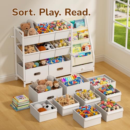Kids Toy Storage Organizer, Kids Bookshelf and Toy Storage with 9 Bins, Montessori Toddler Bookshelf, Playroom Storage Organization, Baby Book Shelf for Kids Rooms, Nursery, White