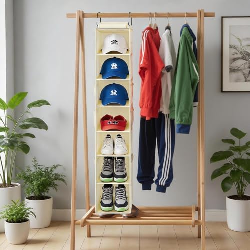 Hanging Shoe Organizer for Closet with 8 Shelves,Mesh Pockets-Wider Hanging Shelves for Shoes,Clothes,Hats with Sturdy Bamboo-Supported Design (Beige)