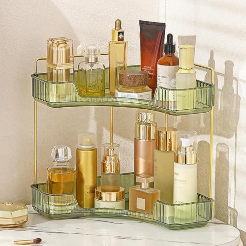 Aveniee Corner Bathroom Counter Organizer, Bathroom Countertop Shelf Makeup Organizer for Vanity Perfume Tray for Corner Storage (2 Tiers, Green)