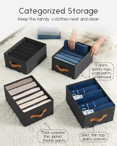 Homsorout Closet Organizers and Storage - Fabric Clothes Organizer with Handles, Foldable Jeans Organizer for Clothes, Drawer Organizer for Shirts, Bra, Sweater, Scarf, 4 Pack, Black