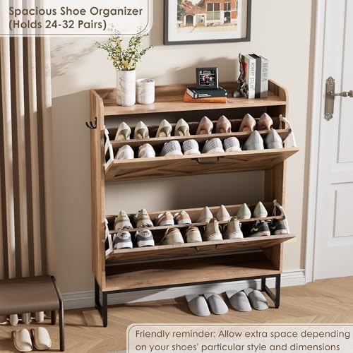 Nicetree Shoe Storage Cabinet with 2 Flip Drawers, Entryway Organizer, Oak