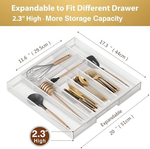 Sedegn Expandable Kitchen Utensil Organizer - 11.6" to 20" Adjustable | Cutlery Tray with 6-8 Compartments - Fits Various Drawer Sizes & Holds Large Ladles Spatulas Forks Spoons & Knives White