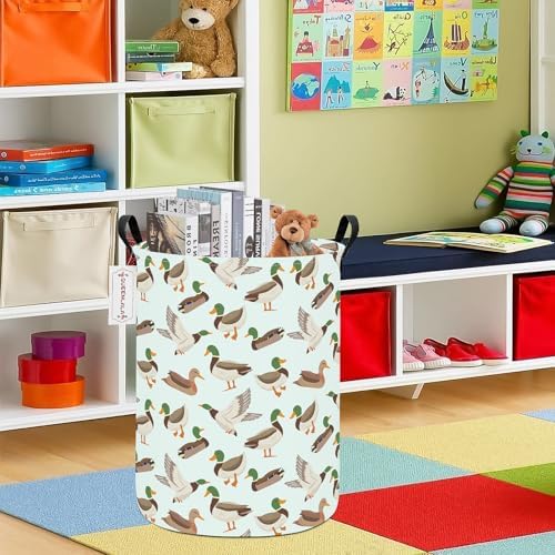 Foldable Waterproof Round Fabric Laundry Basket Home, Mallard Duck | Large Capacity, For Apparel Textiles, Plush Goods Storage, Whole House Tidying