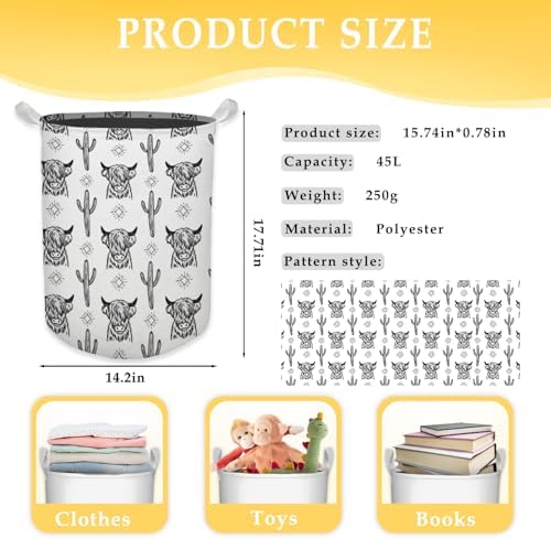 Western Laundry Basket, Retro Highland Cow Cactus Collapsible Laundry Hamper - Waterproof, Dirty Clothes Storage Bin - Perfect for Bathroom, Bedroom, Home Decor