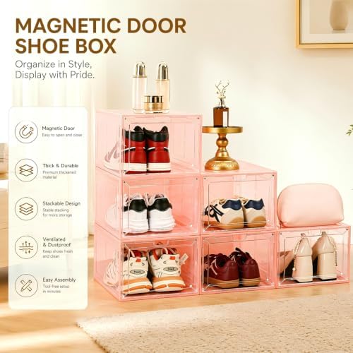 Translucent Pink Shoe Storage Boxes, 2026 2nd Gen Thickened Hard Plastic Stackable Organizer with Magnetic Door, Folding Shoe Racks for Closet, Decorative Sneaker Display Cases, 6 Pack