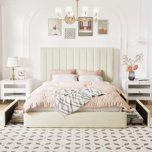 Allewie Queen Size Storage Bed Frame, Vertical Channel Tufted Adjustable Headboard, Velvet Upholstered Platform Bed with 4 Oversized Underbed Drawers, Wooden Slats Support, No Box Spring Needed, Cream